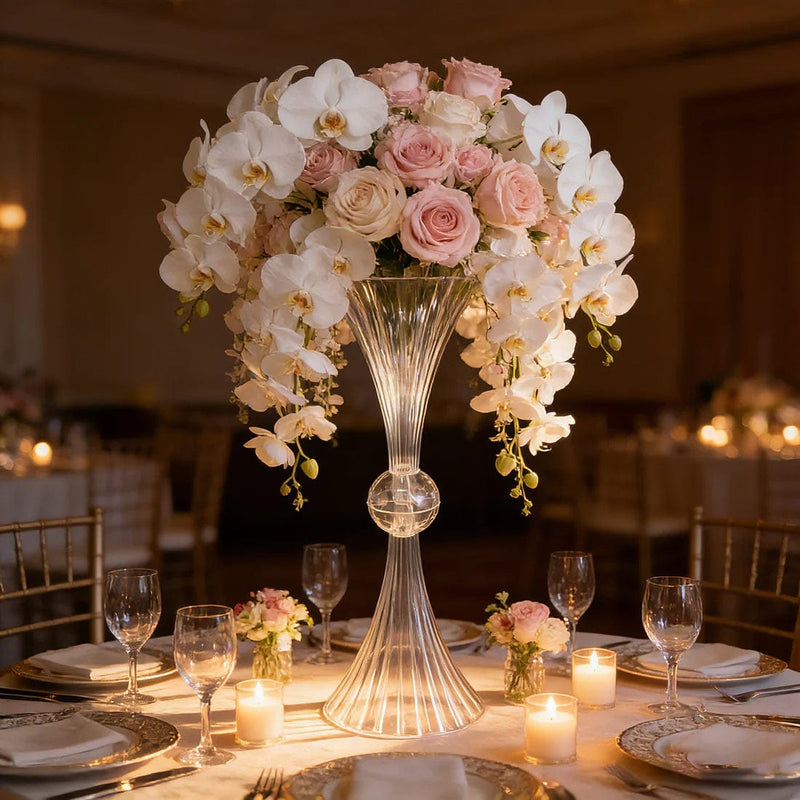 4 Ribbed Acrylic Reversible Trumpet Flower Vases with Crystal Ball - Clear