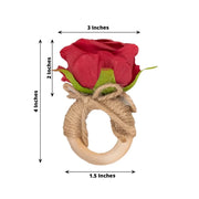 4 Round Wooden Napkin Rings with Jute and Silk Rose Flower