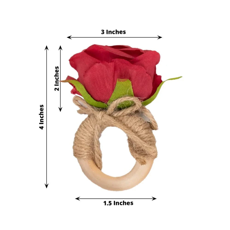 4 Round Wooden Napkin Rings with Jute and Silk Rose Flower