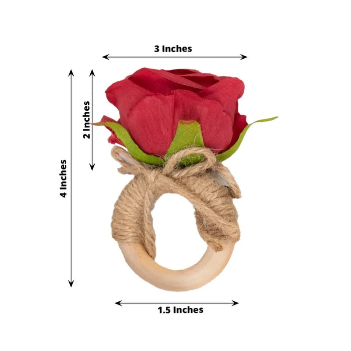 4 Round Wooden Napkin Rings with Jute and Silk Rose Flower