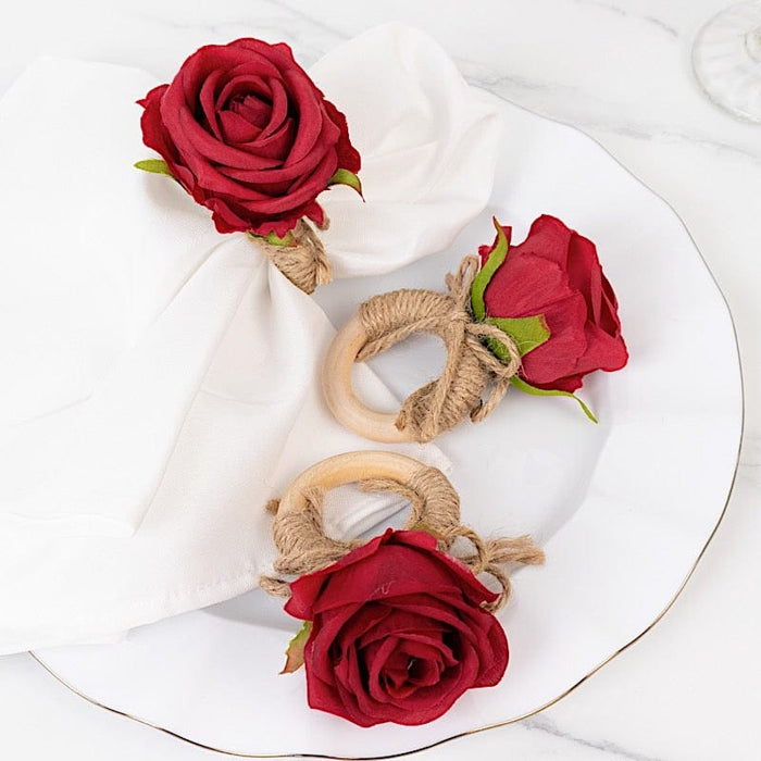 4 Round Wooden Napkin Rings with Jute and Silk Rose Flower