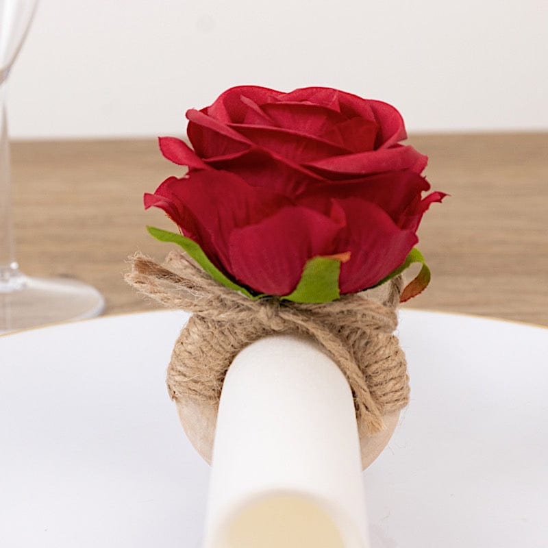 4 Round Wooden Napkin Rings with Jute and Silk Rose Flower