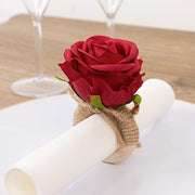 4 Round Wooden Napkin Rings with Jute and Silk Rose Flower