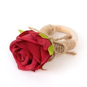4 Round Wooden Napkin Rings with Jute and Silk Rose Flower NAP_RING52_RED