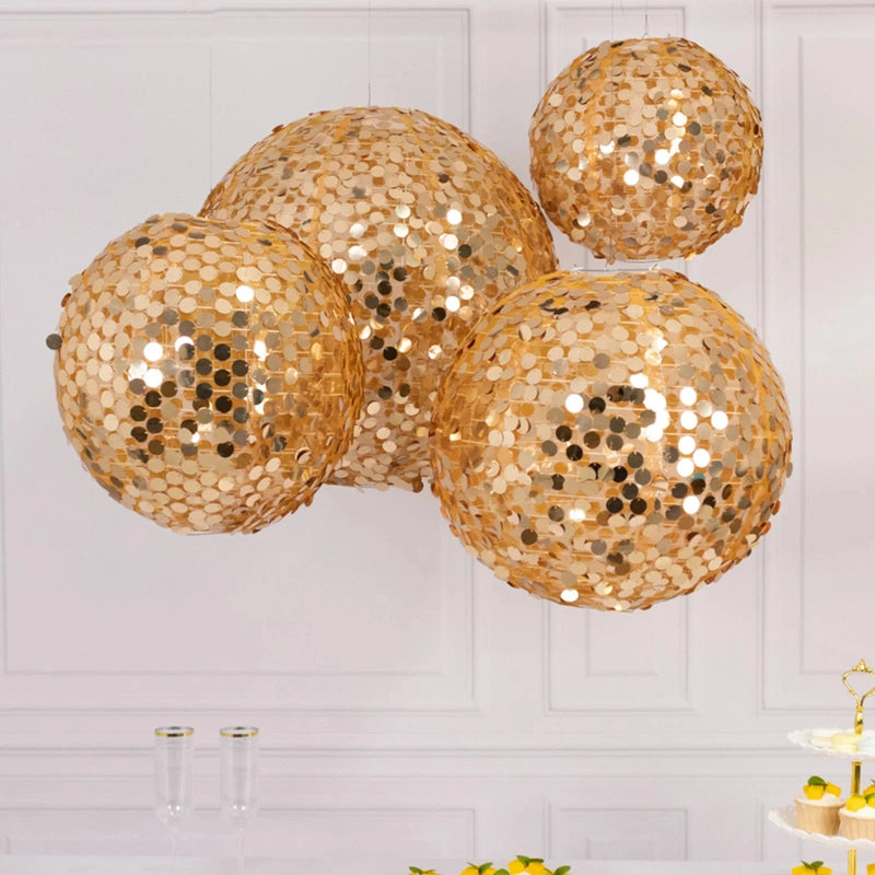 4 Shimmer Payette Sequin Hanging Lanterns - Gold LANT_003_1220_71_GOLD