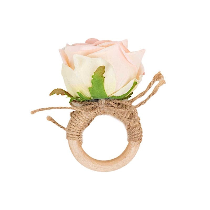 4 Silk Rose Flower Wooden Napkin Rings - Blush and Natural NAP_RING52_046