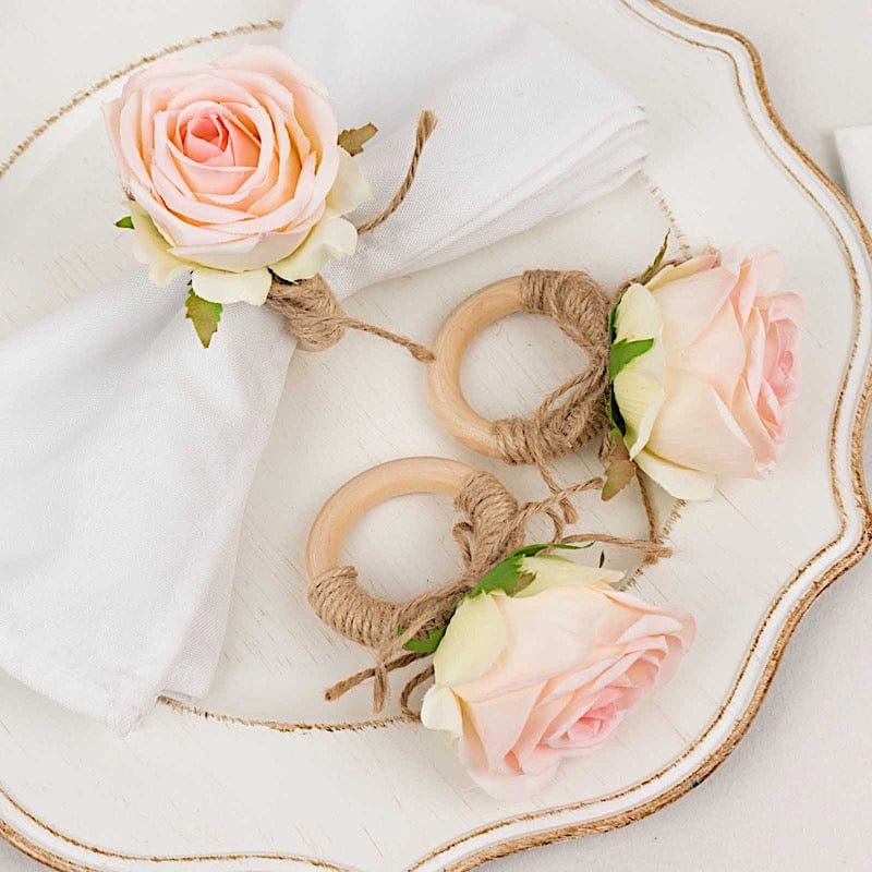 4 Silk Rose Flower Wooden Napkin Rings - Blush and Natural NAP_RING52_046