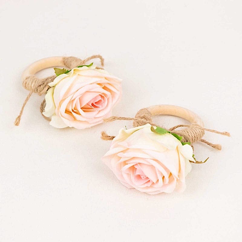 4 Silk Rose Flower Wooden Napkin Rings - Blush and Natural NAP_RING52_046