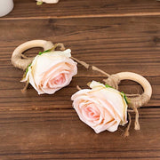 4 Silk Rose Flower Wooden Napkin Rings - Blush and Natural NAP_RING52_046