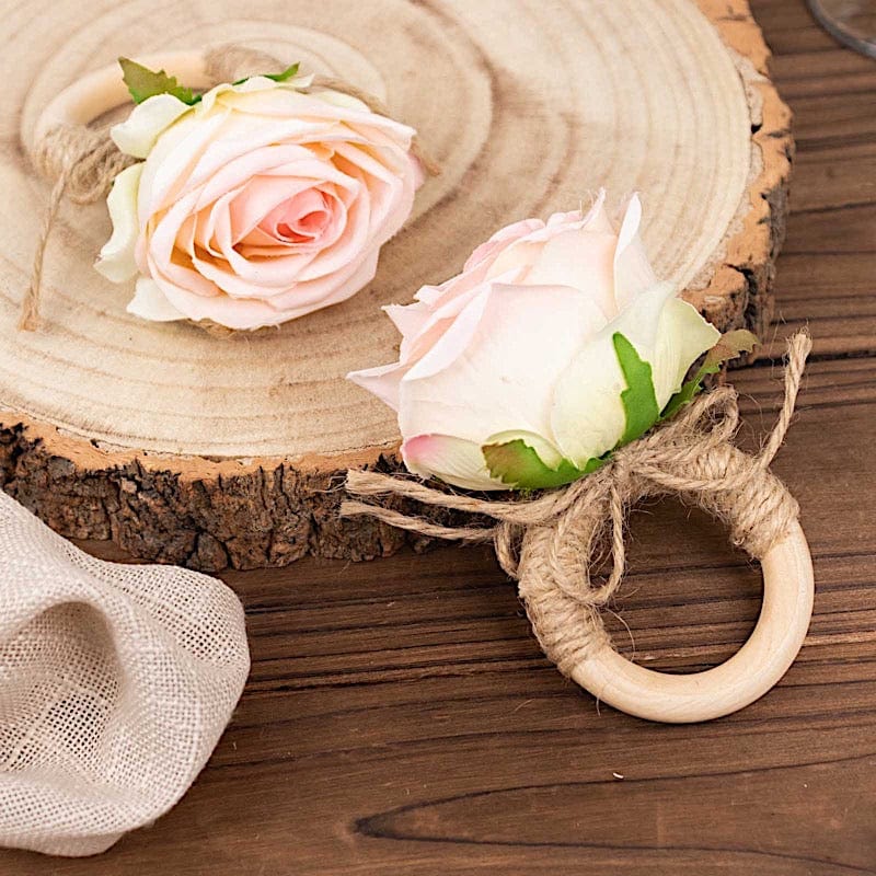 4 Silk Rose Flower Wooden Napkin Rings - Blush and Natural NAP_RING52_046