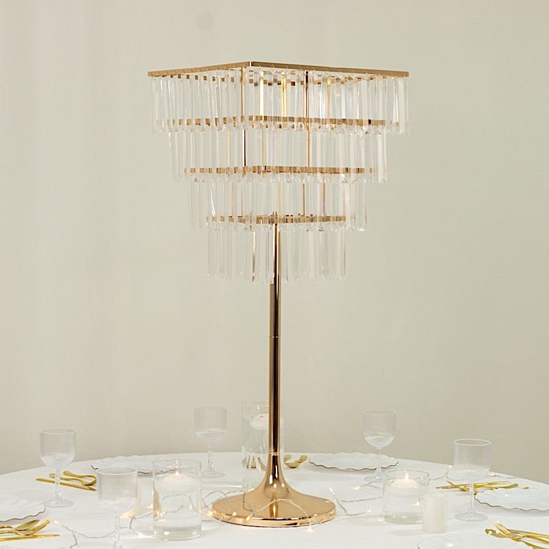 4-Tier 38" Crystal Metal Chandelier Floral Stand with Square Frame - Gold and Clear CHDLR_070S_4T_GOLD