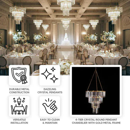 4-Tier Round Crystal Pendant Chandelier with Metal Frame - Clear and Gold CHDLR_HANG070R_4T_GOLD