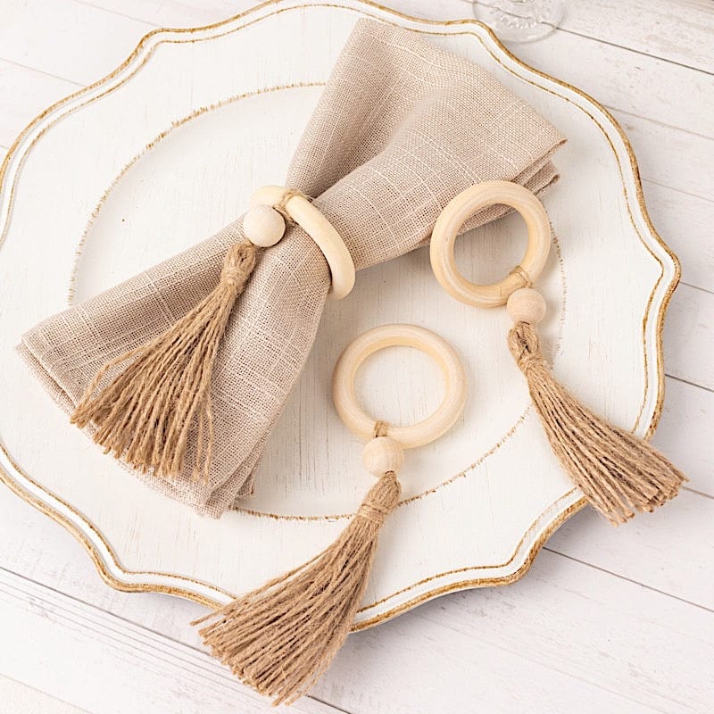 4 Wooden Napkin Rings with Woven Jute Beaded Tassel - Cream NAP_RING55_NAT