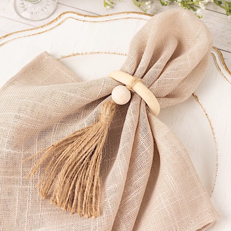 4 Wooden Napkin Rings with Woven Jute Beaded Tassel - Cream NAP_RING55_NAT