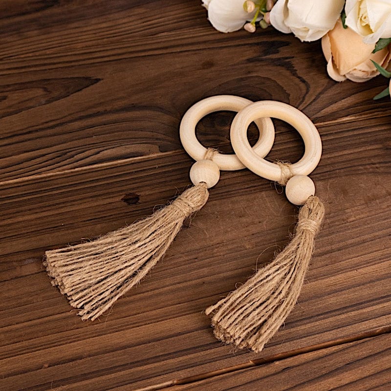 4 Wooden Napkin Rings with Woven Jute Beaded Tassel - Cream NAP_RING55_NAT