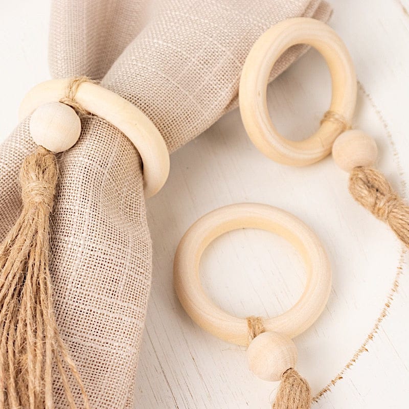 4 Wooden Napkin Rings with Woven Jute Beaded Tassel - Cream NAP_RING55_NAT