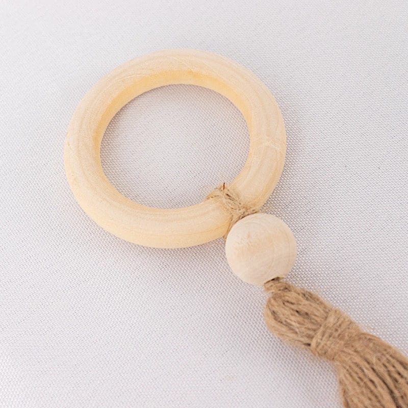 4 Wooden Napkin Rings with Woven Jute Beaded Tassel - Cream NAP_RING55_NAT