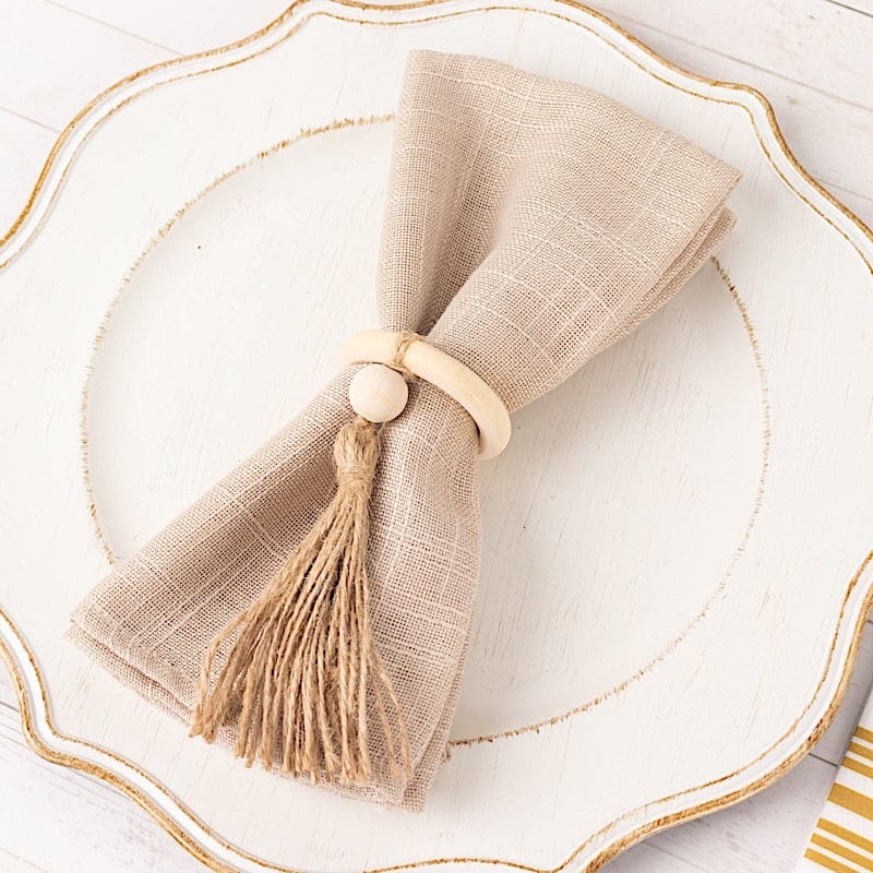 4 Wooden Napkin Rings with Woven Jute Beaded Tassel - Cream NAP_RING55_NAT