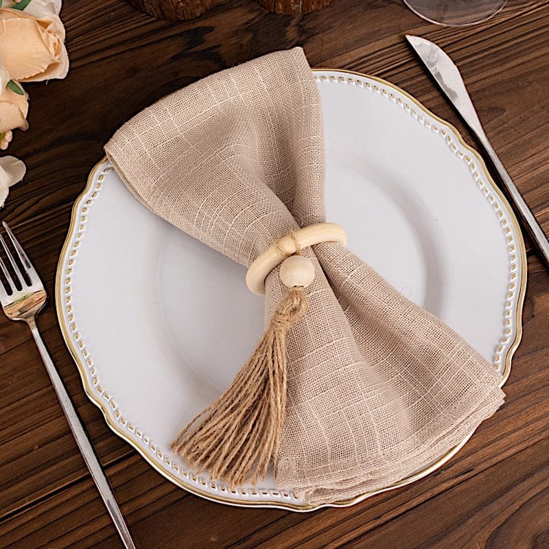 4 Wooden Napkin Rings with Woven Jute Beaded Tassel - Cream NAP_RING55_NAT