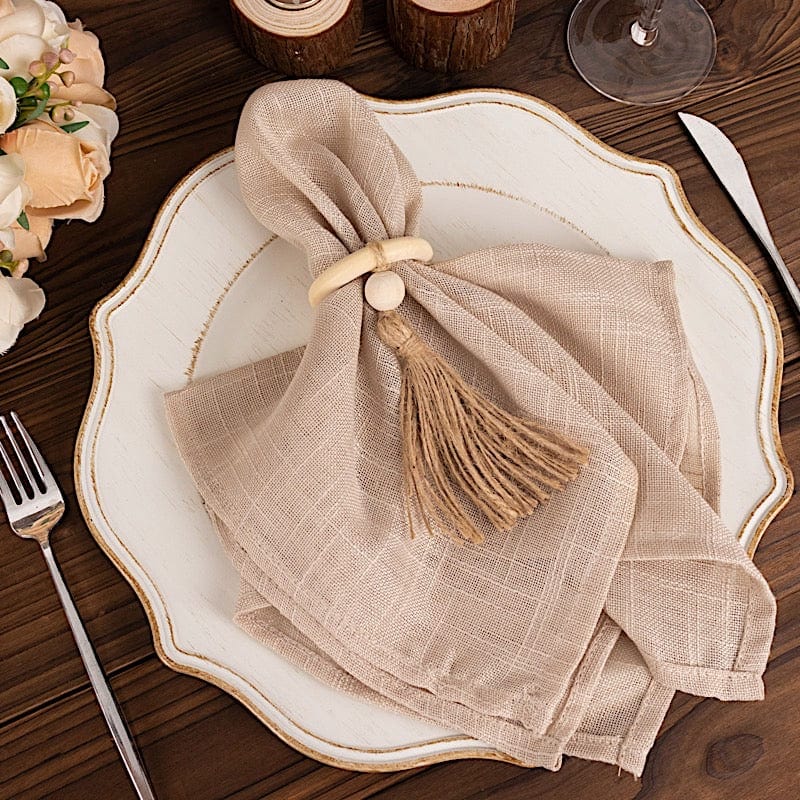 4 Wooden Napkin Rings with Woven Jute Beaded Tassel - Cream NAP_RING55_NAT