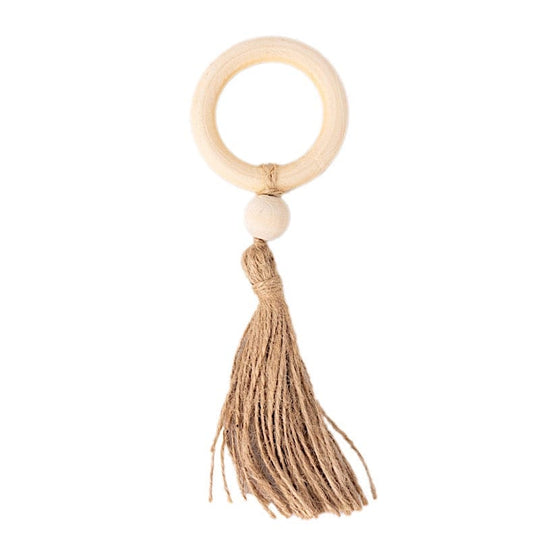 4 Wooden Napkin Rings with Woven Jute Beaded Tassel - Cream NAP_RING55_NAT