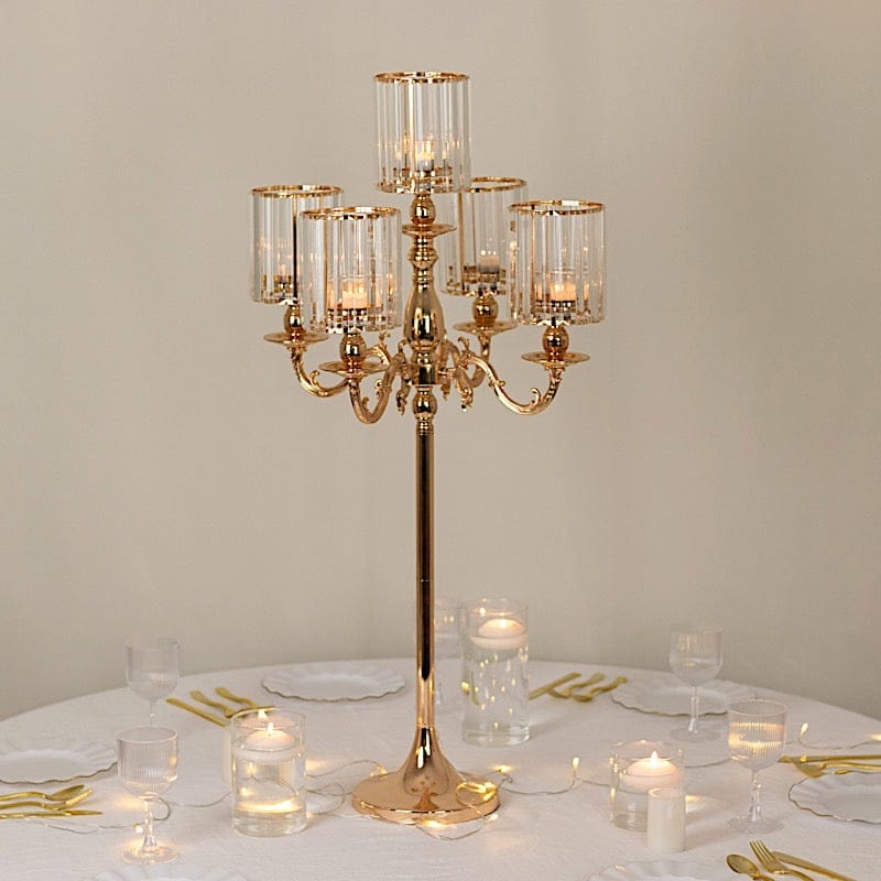 40" tall 5-Arm Metal Candle Holder with Crystal Pendant Glass Shades - Gold CHDLR_CAND_042_5H_GOLD