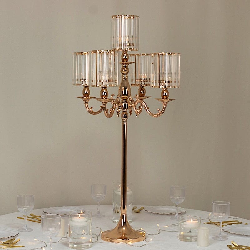 40" tall 5-Arm Metal Candle Holder with Crystal Pendant Glass Shades - Gold CHDLR_CAND_042_5H_GOLD