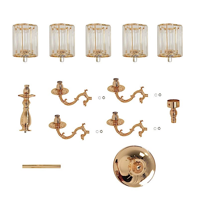 40" tall 5-Arm Metal Candle Holder with Crystal Pendant Glass Shades - Gold CHDLR_CAND_042_5H_GOLD