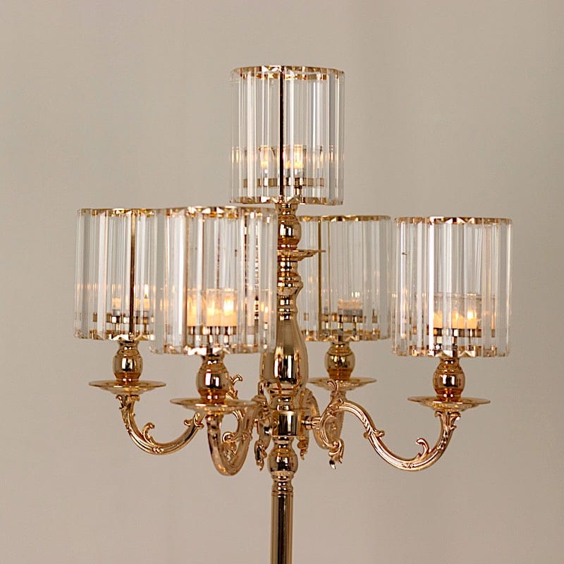 40" tall 5-Arm Metal Candle Holder with Crystal Pendant Glass Shades - Gold CHDLR_CAND_042_5H_GOLD