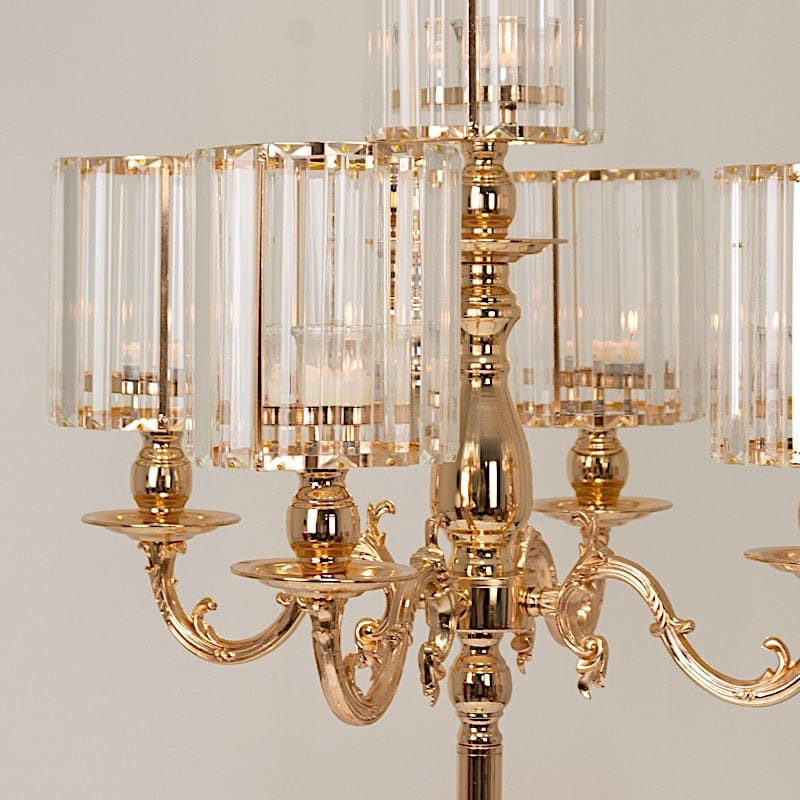 40" tall 5-Arm Metal Candle Holder with Crystal Pendant Glass Shades - Gold CHDLR_CAND_042_5H_GOLD