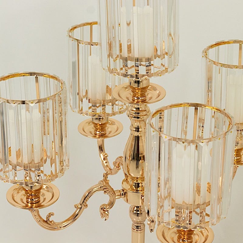 40" tall 5-Arm Metal Candle Holder with Crystal Pendant Glass Shades - Gold CHDLR_CAND_042_5H_GOLD