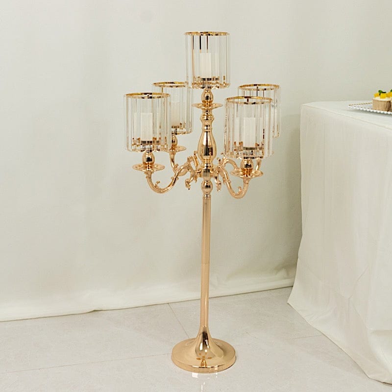 40" tall 5-Arm Metal Candle Holder with Crystal Pendant Glass Shades - Gold CHDLR_CAND_042_5H_GOLD