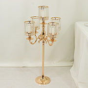 40" tall 5-Arm Metal Candle Holder with Crystal Pendant Glass Shades - Gold CHDLR_CAND_042_5H_GOLD