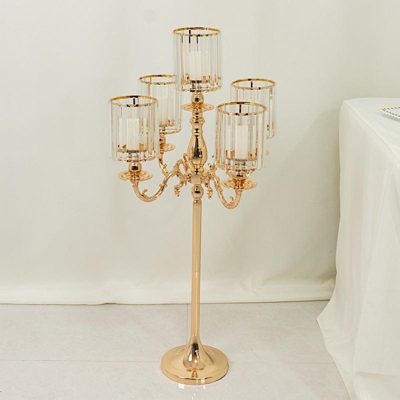 40" tall 5-Arm Metal Candle Holder with Crystal Pendant Glass Shades - Gold CHDLR_CAND_042_5H_GOLD