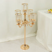 40" tall 5-Arm Metal Candle Holder with Crystal Pendant Glass Shades - Gold CHDLR_CAND_042_5H_GOLD