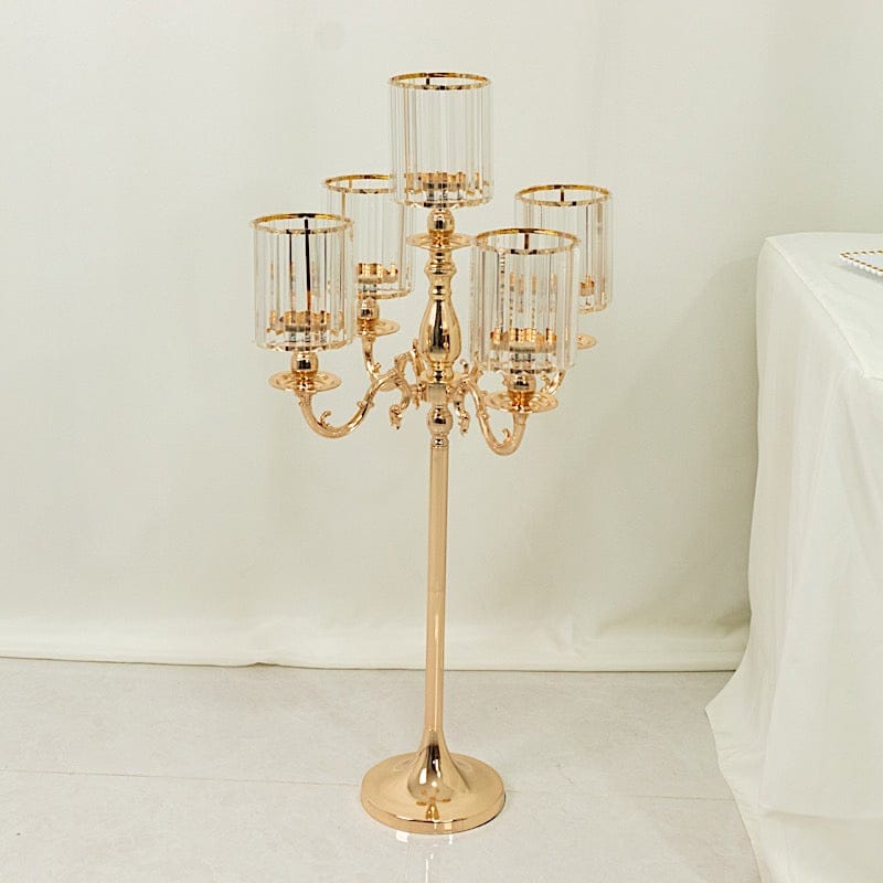 40" tall 5-Arm Metal Candle Holder with Crystal Pendant Glass Shades - Gold CHDLR_CAND_042_5H_GOLD