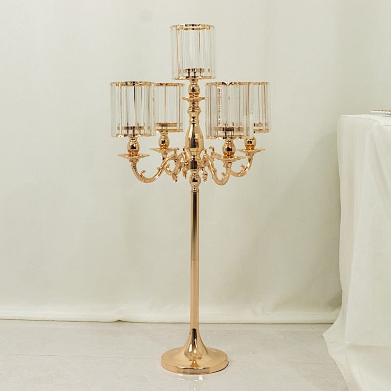 40" tall 5-Arm Metal Candle Holder with Crystal Pendant Glass Shades - Gold CHDLR_CAND_042_5H_GOLD