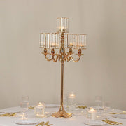 40" tall 5-Arm Metal Candle Holder with Crystal Pendant Glass Shades - Gold CHDLR_CAND_042_5H_GOLD