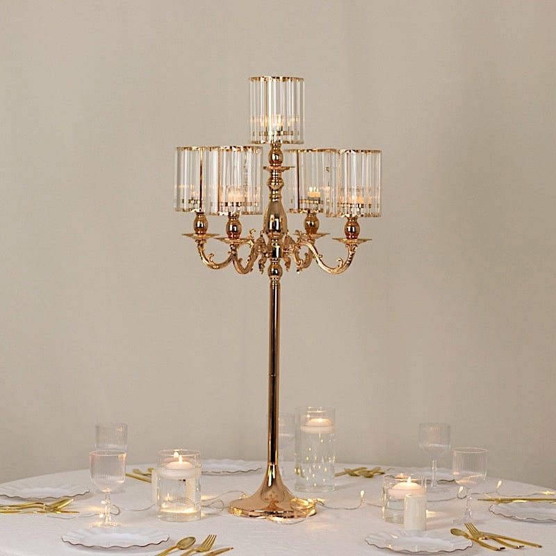 40" tall 5-Arm Metal Candle Holder with Crystal Pendant Glass Shades - Gold CHDLR_CAND_042_5H_GOLD