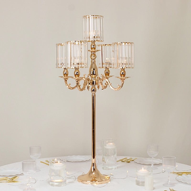 40" tall 5-Arm Metal Candle Holder with Crystal Pendant Glass Shades - Gold CHDLR_CAND_042_5H_GOLD