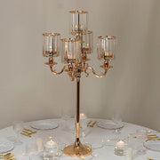 40" tall 5-Arm Metal Candle Holder with Crystal Pendant Glass Shades - Gold CHDLR_CAND_042_5H_GOLD
