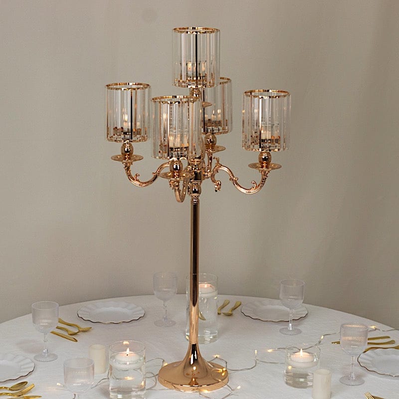 40" tall 5-Arm Metal Candle Holder with Crystal Pendant Glass Shades - Gold CHDLR_CAND_042_5H_GOLD