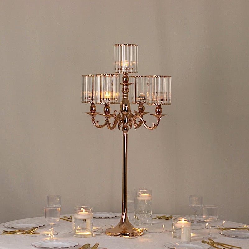 40" tall 5-Arm Metal Candle Holder with Crystal Pendant Glass Shades - Gold CHDLR_CAND_042_5H_GOLD