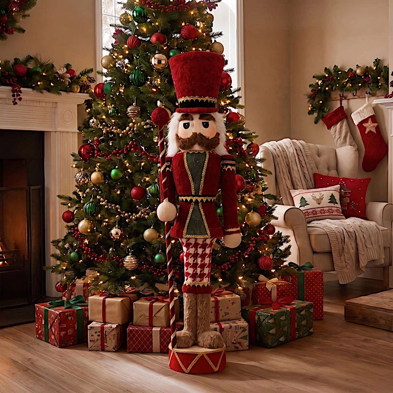 45" Nutcracker Soldier Figurine with Houndstooth Jacket, Star Staff and Gold Trim