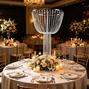 45" Round Metal Goblet Flower Stand with Acrylic Crystal Bead Strands - Silver CHDLR_072_1T_SILV