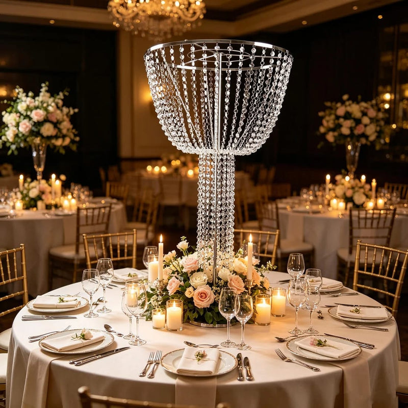 45" Round Metal Goblet Flower Stand with Acrylic Crystal Bead Strands - Silver CHDLR_072_1T_SILV