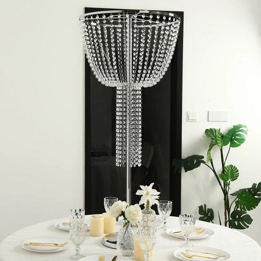 45" Round Metal Goblet Flower Stand with Acrylic Crystal Bead Strands - Silver CHDLR_072_1T_SILV