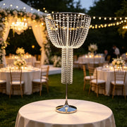 45" Round Metal Goblet Flower Stand with Acrylic Crystal Bead Strands - Silver CHDLR_072_1T_SILV