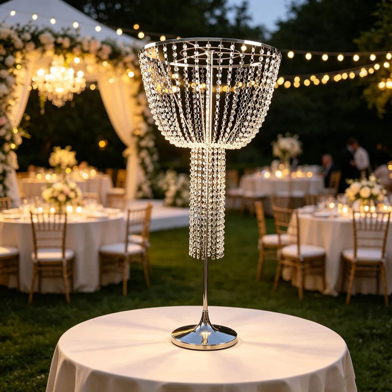 45" Round Metal Goblet Flower Stand with Acrylic Crystal Bead Strands - Silver CHDLR_072_1T_SILV