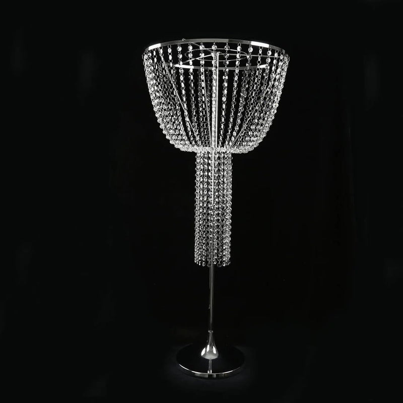 45" Round Metal Goblet Flower Stand with Acrylic Crystal Bead Strands - Silver CHDLR_072_1T_SILV